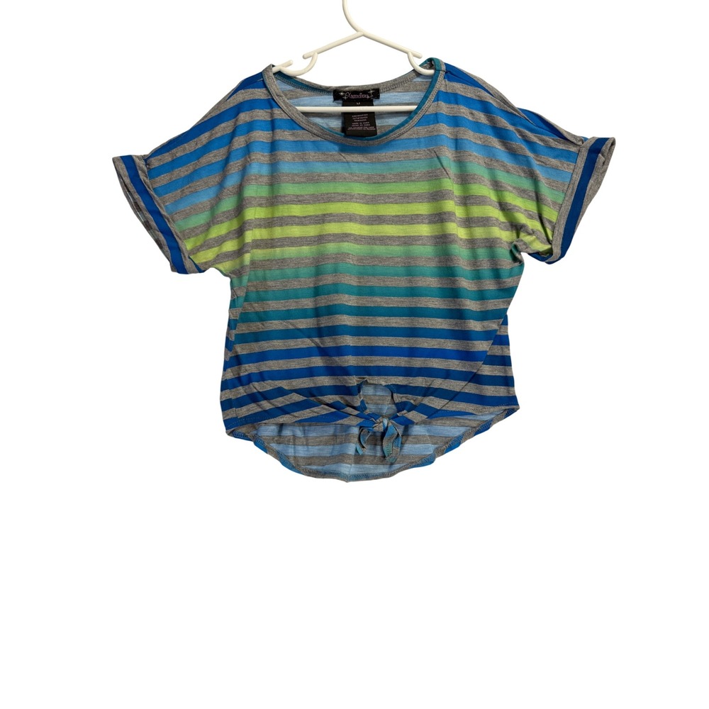 Xtraordinary Girls Blue Green Striped Tie Front Short Sleeve Top Size M